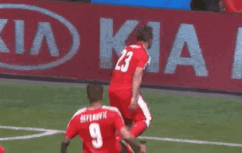 a soccer player with the number 9 on his back celebrates a goal