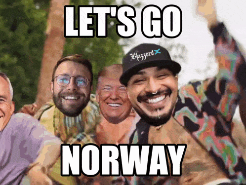 a group of men are posing for a picture with the caption " let 's go norway " on the bottom