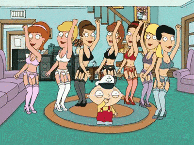 a cartoon of a man standing in front of a group of women in lingerie