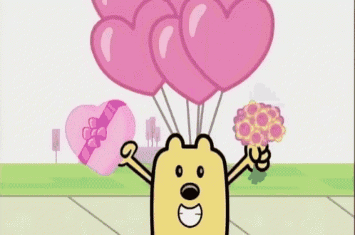 a cartoon character is holding a bouquet of flowers and a bunch of pink heart shaped balloons .