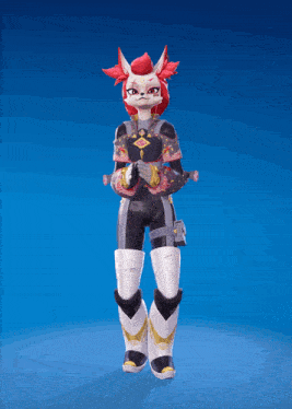 a cartoon character with red hair and white pants stands on a blue background