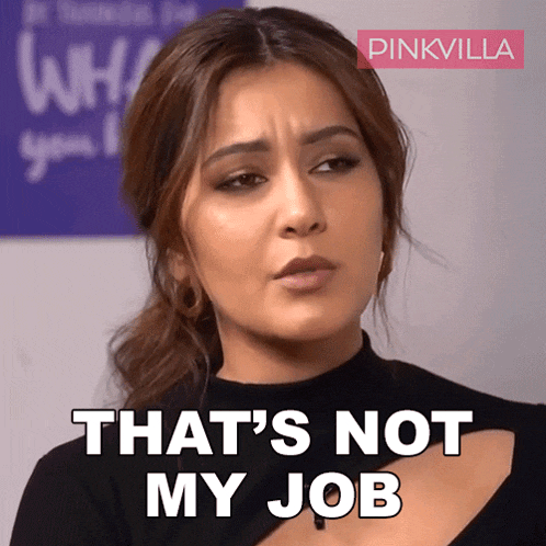 a woman says that 's not my job in front of a pinkvilla banner