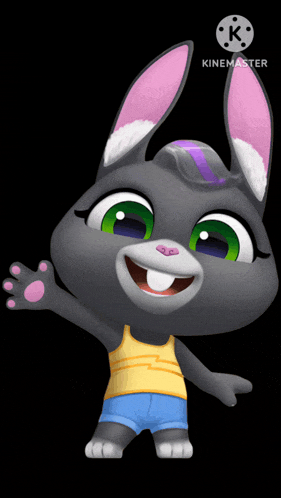 a cartoon bunny with a yellow top and blue shorts