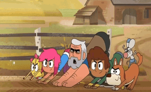 a group of cartoon characters doing stretching exercises on the ground