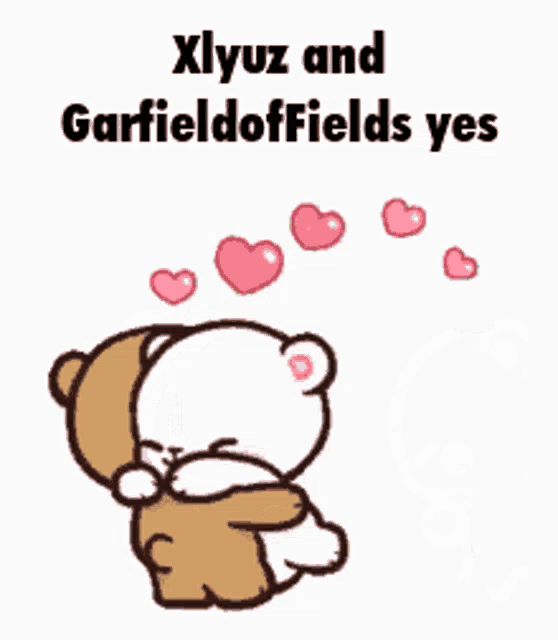 a cartoon of two teddy bears hugging each other with the words xlyuz and garfield dofields yes above them