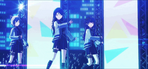 three anime girls are dancing in front of a blue background