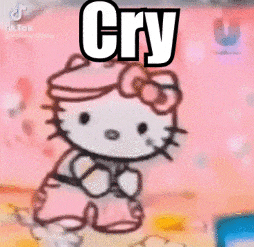 a picture of a hello kitty cartoon character with the words `` cry '' written on it .