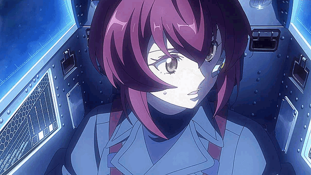 a girl with purple hair is sitting in a blue room