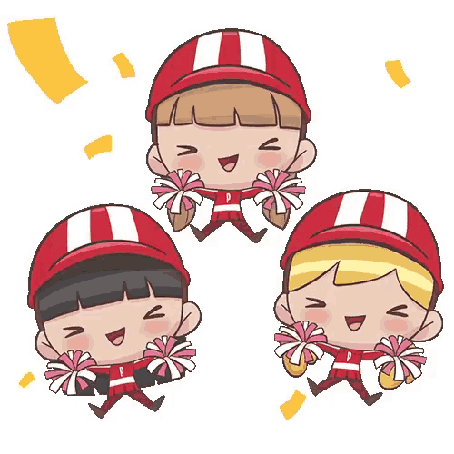 three cheerleaders in red uniforms with the letter p on them