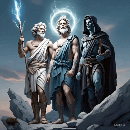 a painting of three ancient greek gods with meta al written on the bottom