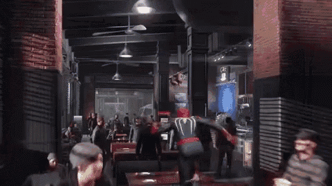 a superhero is flying through the air in a restaurant with people sitting at tables .