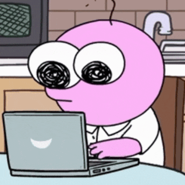 a cartoon character is sitting at a table using a laptop computer
