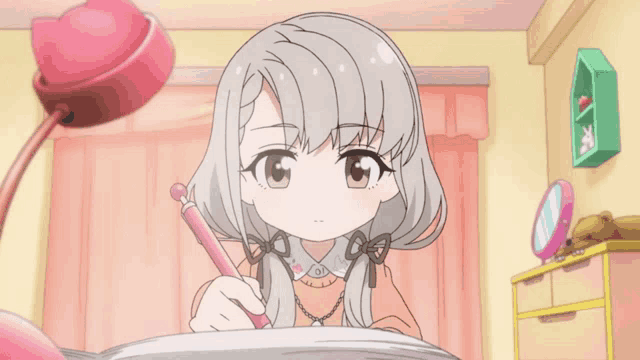 a girl with gray hair is holding a pen in her hand