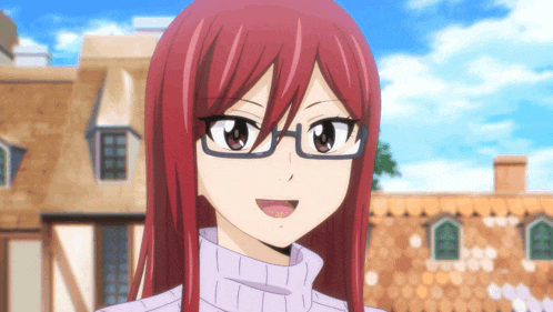 a red haired anime girl wearing glasses and a sweater