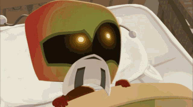 a cartoon character is laying on a bed with a white blanket