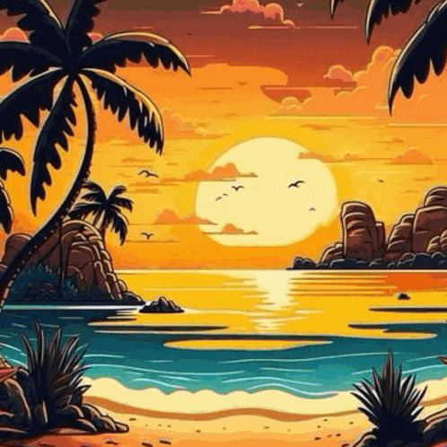 a sunset over a tropical beach with palm trees and rocks