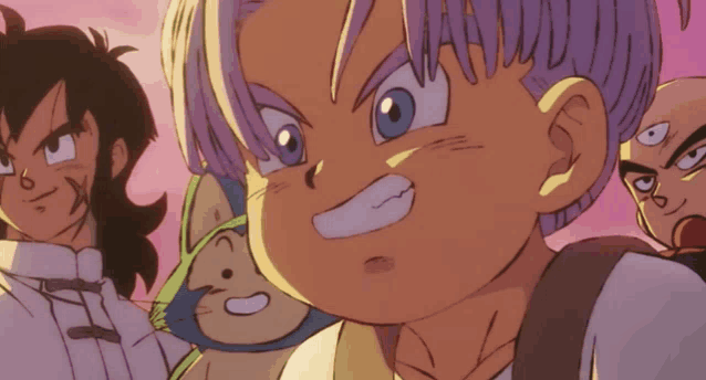 a group of cartoon characters including trunks are smiling