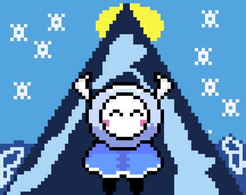 a pixel art drawing of a sheep standing in front of a snowy mountain