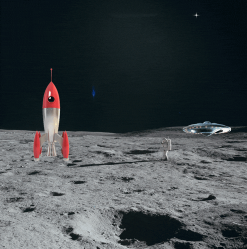 a rocket and a space ship are on the moon with an astronaut in the background