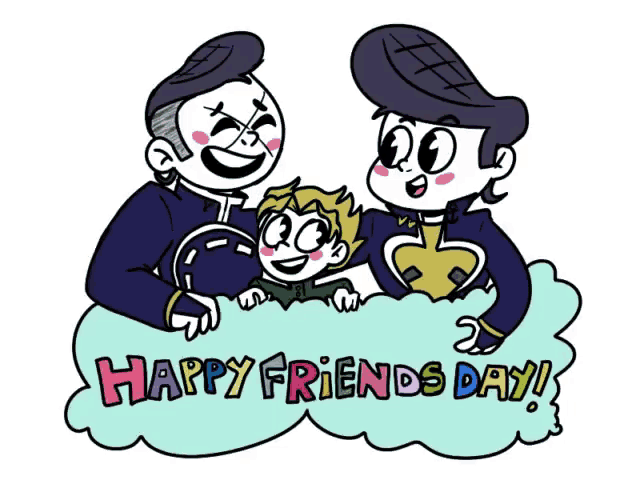 a cartoon of three men hugging a child and the words happy friends day