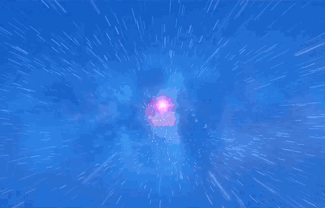 a computer generated image of a space ship flying through a purple and blue galaxy