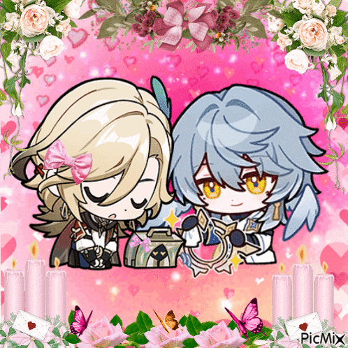 a couple of anime characters are sitting next to each other on a pink background with flowers and candles
