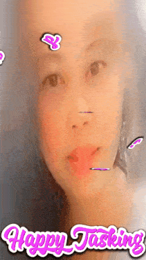 a woman with stickers on her face and the words happy tasking