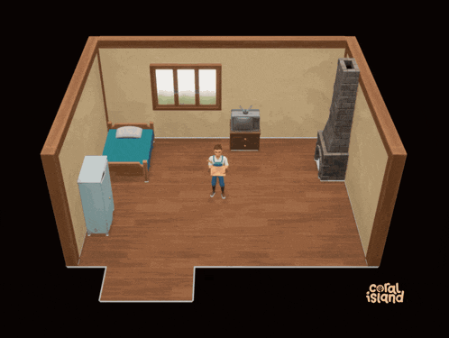 an illustration of a bedroom with coral island written on the bottom right