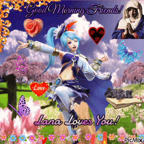 a picture of a girl with blue hair and the words " lana loves you " on the bottom