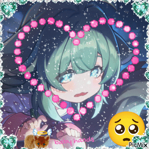 a picture of a girl with green hair is surrounded by pink flowers and a yellow smiley face that says picmix