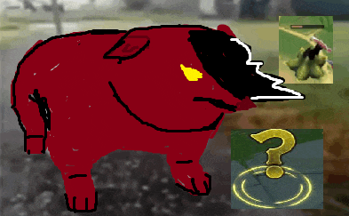 a drawing of a red bear with a question mark in the corner