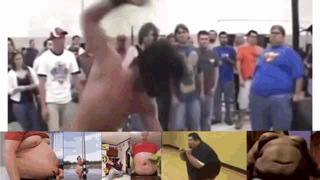 a collage of images shows a man with a huge belly standing in front of a crowd