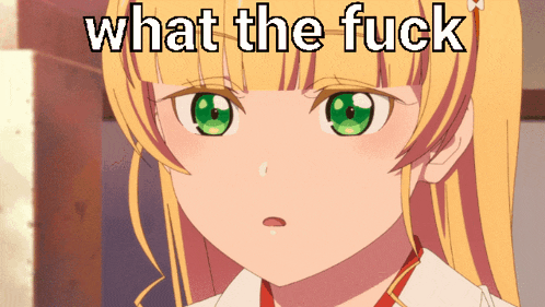 a girl with yellow hair and green eyes has the words what the fuck above her