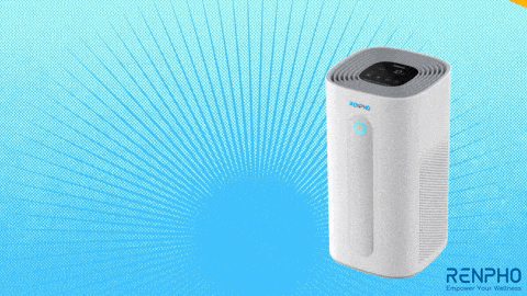 a white renpho air purifier is sitting on a blue and orange background