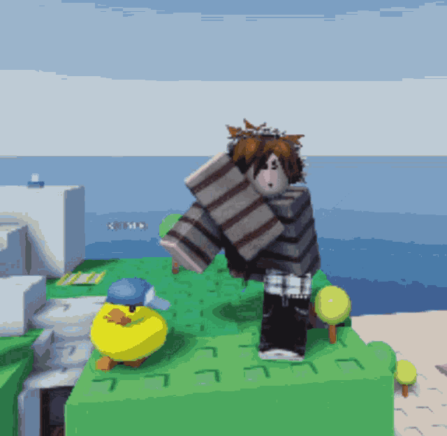 a video game character is standing next to a yellow duck with a blue hat on it