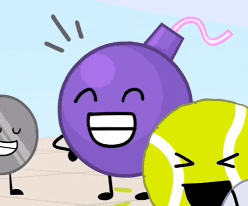 a purple bomb with a pink hose is smiling next to a tennis ball