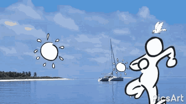 a cartoon of a man running in front of a sailboat and the sun