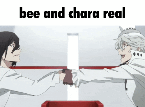 two anime characters shaking hands with the words " bee and chara real " above them