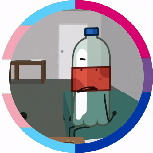 a cartoon drawing of a bottle with a sad face on it