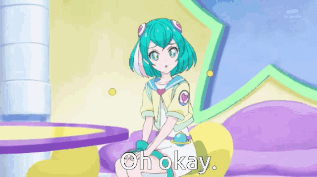 a cartoon girl is sitting on a couch and the words oh okay are above her