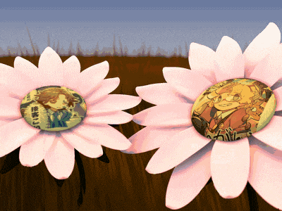 two pink daisies with buttons on them one of which has a picture of a man in a suit on it