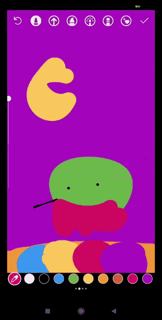 a phone screen shows a purple background with a yellow c and a green ball