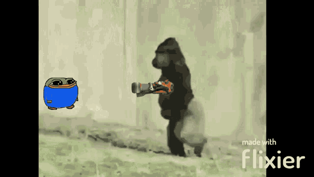 a cartoon of a gorilla holding a gun next to a cartoon of a frog with a blue sweater