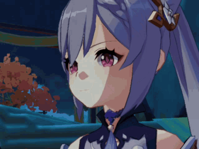 a close up of a girl with purple hair