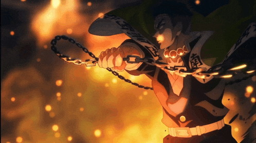 a man in a green cape is holding a chain with chinese characters on it