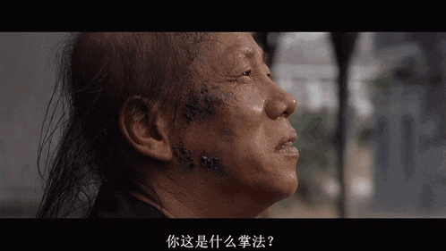 a close up of a person 's face with chinese writing on the bottom