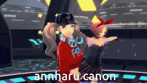 two anime girls are dancing in a video game with the name annharu canon