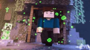 a man in a blue shirt is walking in a minecraft video game .