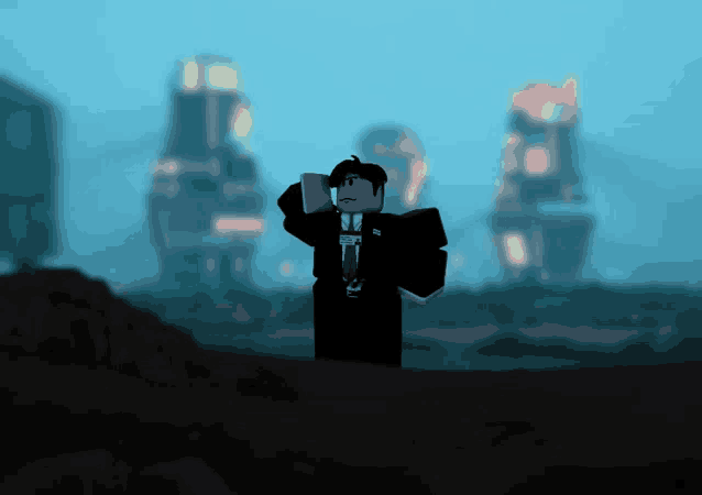 a man in a suit and tie stands in front of a blurred city