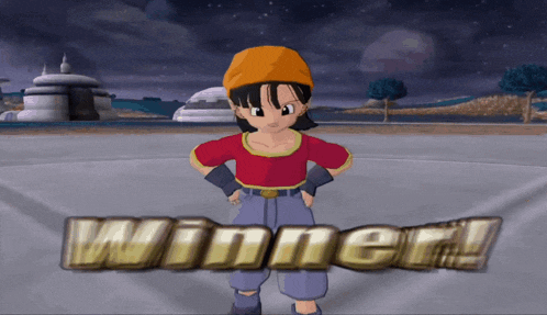 a cartoon character stands in front of a sign that says winner